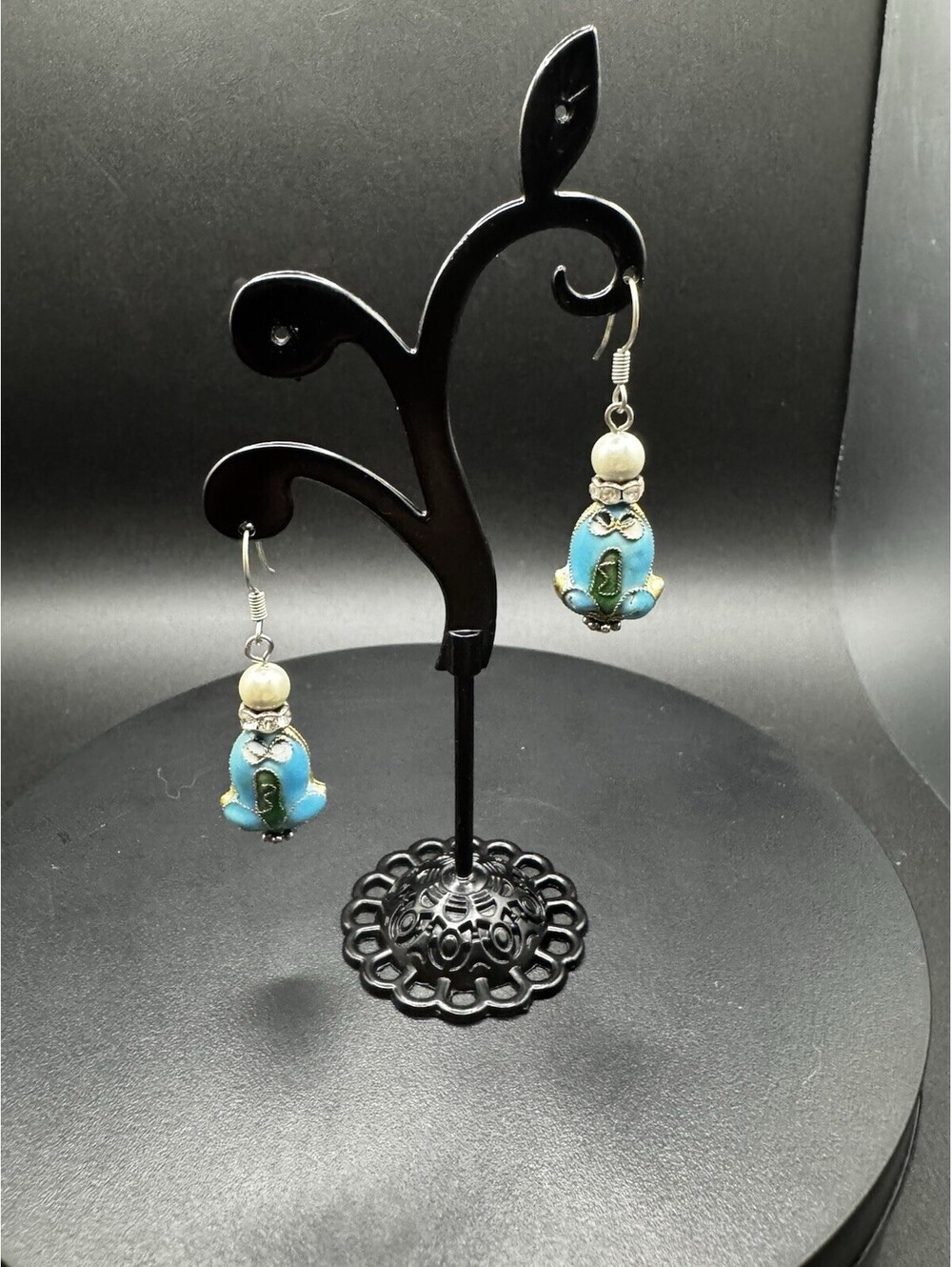 Vintage Style Cloisonne Enamel Drop Earrings Turquoise Blue Pearl Whimsical Boho